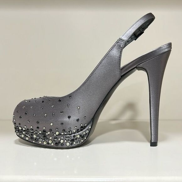 Stuart Weitzman Gray Satin With Silver & Black Rhinestone Platform Heels - Picture 6 of 7